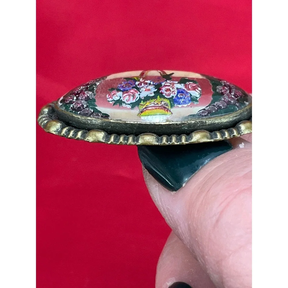 Vintage Reverse Painted Glass Floral Basket Brooch Oval Brass Tone